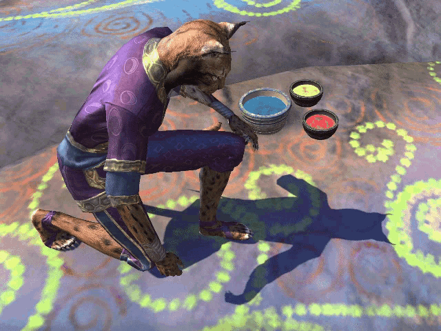 a cheetah is kneeling down with three bowls of paint on the ground