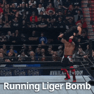 two wrestlers in a ring with the words running liger bomb on the bottom
