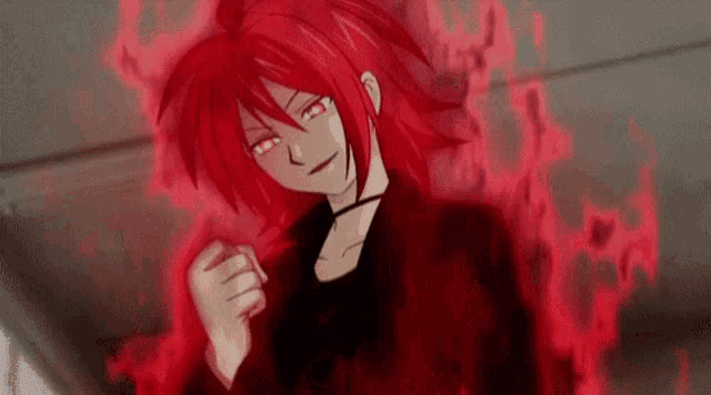 a girl with red hair and red eyes is standing in front of a wall with red flames coming out of her hair .