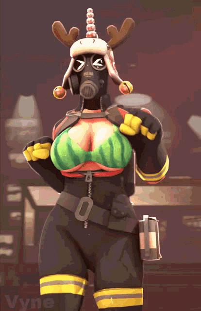 a cartoon of a woman wearing a gas mask with antlers on her head