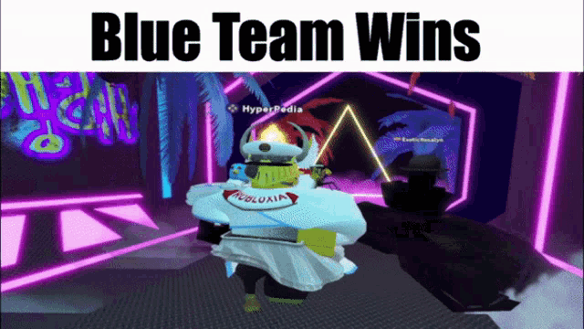 a screenshot of a video game with the words blue team wins at the top