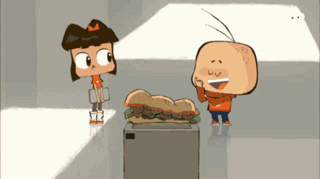 two cartoon characters are looking at a sandwich