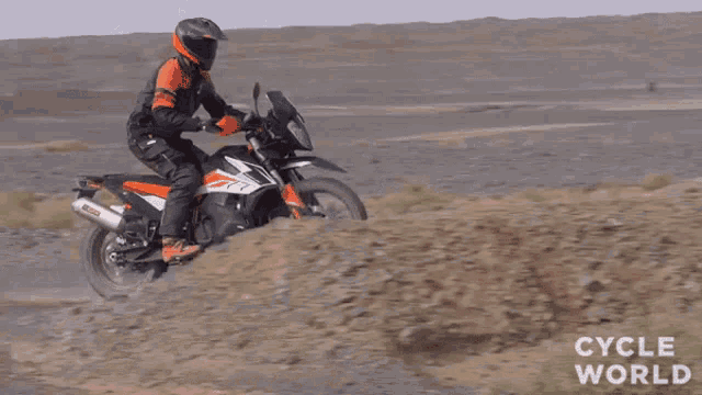 a man is riding a motorcycle on a dirt road in the desert .