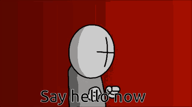 a cartoon character with a cross on his head says hello say hello now