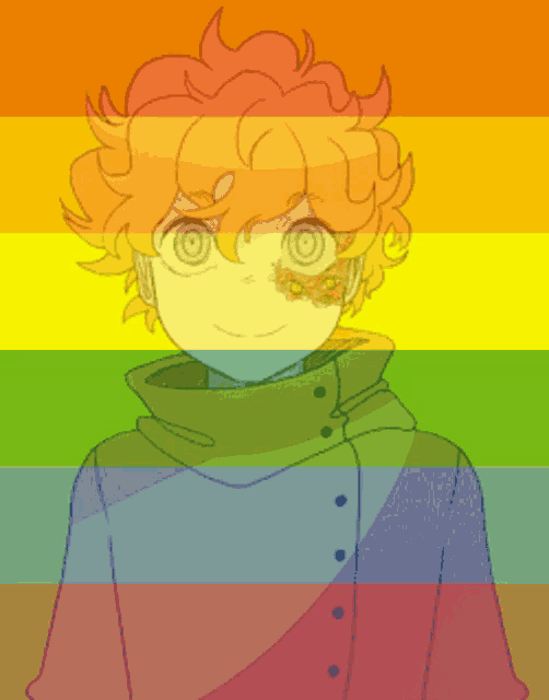 a drawing of a boy with a rainbow flag behind him