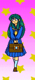 a pixel art of a girl in a blue dress holding a briefcase