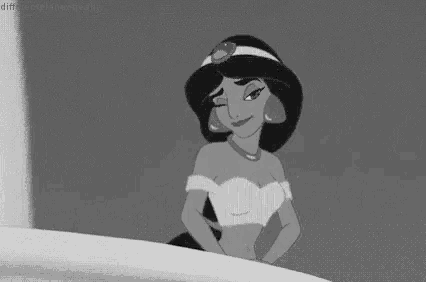 a black and white photo of jasmine from aladdin crying in a bathroom .