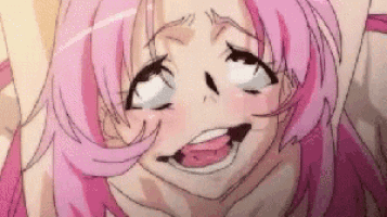 a close up of a pink haired anime girl making a face .