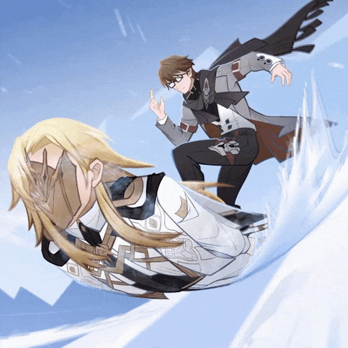 a man is riding a snowboard while another man stands behind him