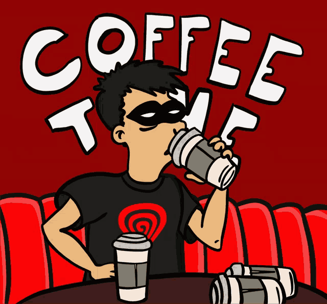a cartoon of a man drinking a cup of coffee in front of a sign that says " coffee time "