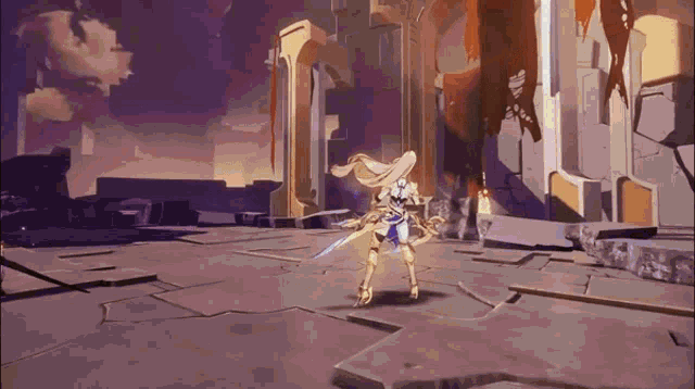 a video game character is standing in front of a building with a sword in her hand