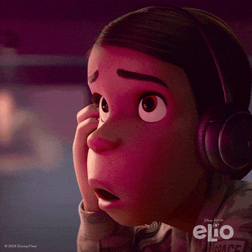 a close up of a cartoon character wearing headphones with the word elio on the bottom