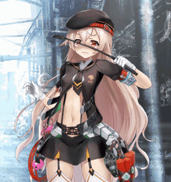 a girl in a sailor outfit is holding a whip in her right hand