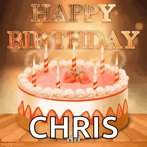 a birthday cake with candles and the name chris