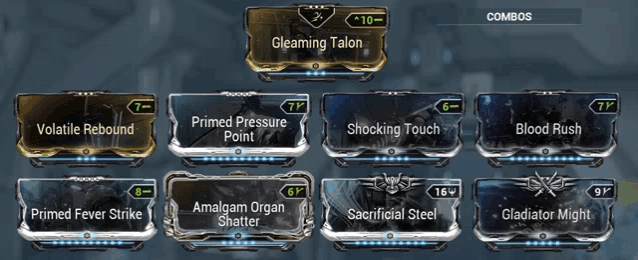 a screenshot of a video game showing combos for gleaming talon