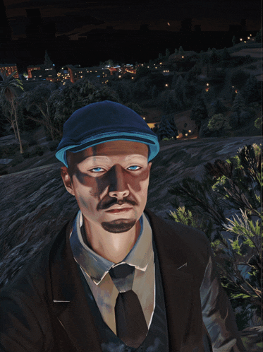 a man wearing a blue hat and a suit stands in front of a city at night