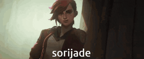 a cartoon character with red hair is standing next to a wall with the word sorijade written on the bottom .