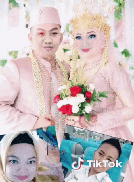 a bride and groom posing for a picture with a tiktok logo