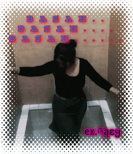 a woman is kneeling down in front of a wall that says dash on it