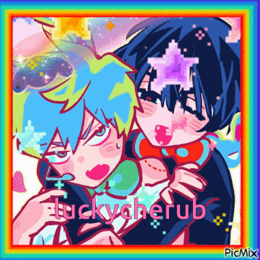 a picture of two anime characters with the words luckycherub on the bottom right