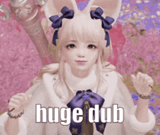 a girl with bunny ears is wearing a white coat and a huge dub sticker