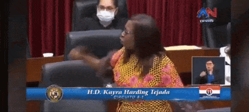 a woman is sitting in front of a screen that says h.d. kaya harling tejada