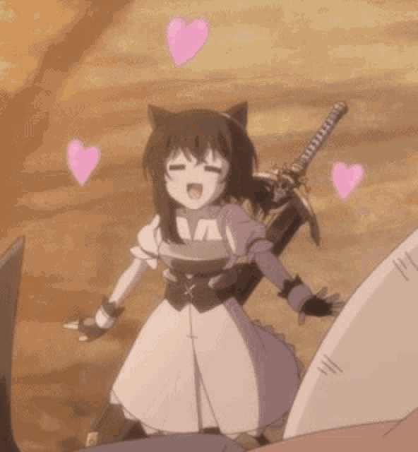 a girl with a cat ear is holding a sword and a shield .