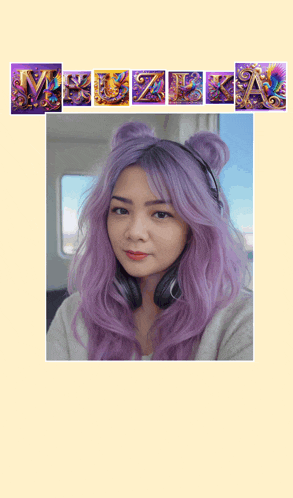 a woman with purple hair is surrounded by purple letters that spell out muzik