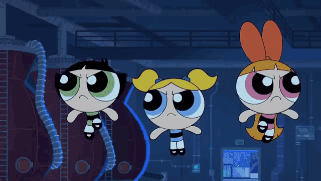 three cartoon characters are standing in a room with a blue light shining on them