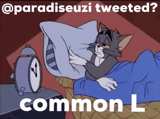 a cartoon of tom laying in bed with an alarm clock and the words " common l "