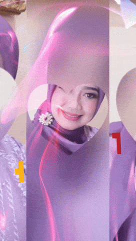 a woman wearing a purple hijab is surrounded by purple bubbles