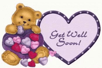 a teddy bear is holding a box of candy hearts next to a purple heart that says get well soon