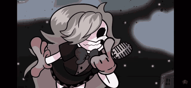 a cartoon of a girl singing into a microphone with a skull on her face