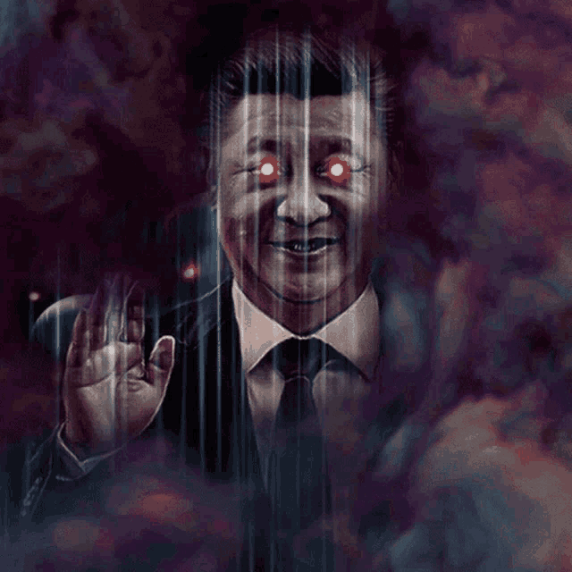 a man in a suit and tie has red eyes and is smiling