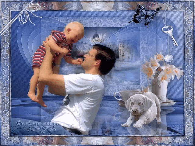 a picture of a man holding a baby in his arms with a dog and a butterfly in the background