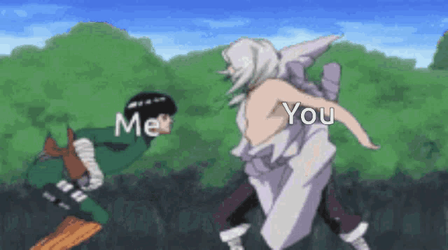 a cartoon of a man and a woman fighting with the words me and you in the background