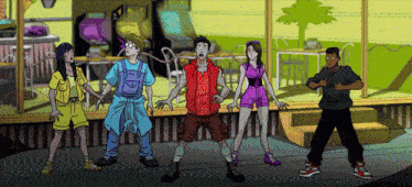 a group of cartoon characters are standing in front of an arcade machine that says ' arcade ' on it