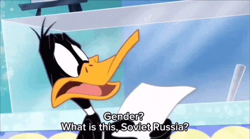 a cartoon duck is holding a piece of paper and asking " gender what is this soviet russia "
