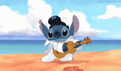 a cartoon character dressed as elvis presley is playing a guitar on a beach .