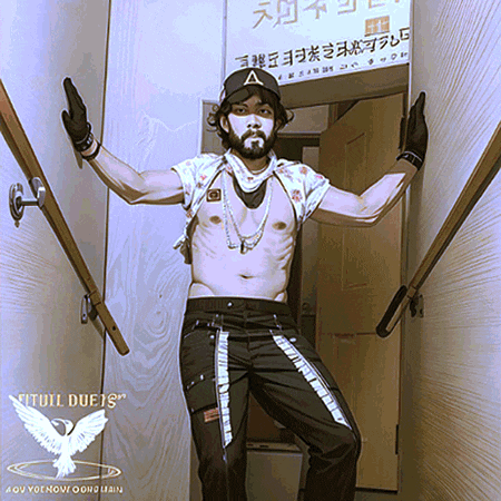 a shirtless man is standing in a hallway with a sign that says ' devil duets ' on the bottom right