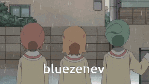 three anime characters standing in the rain with the word bluezenev on the bottom right