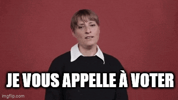 a woman is standing in front of a red background and says je vous appelle a voter