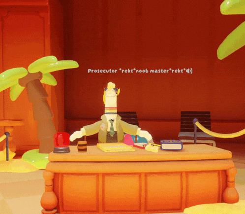 a cartoon character sitting at a desk with the words prosecutor " rekt " noob master " rekt " above him