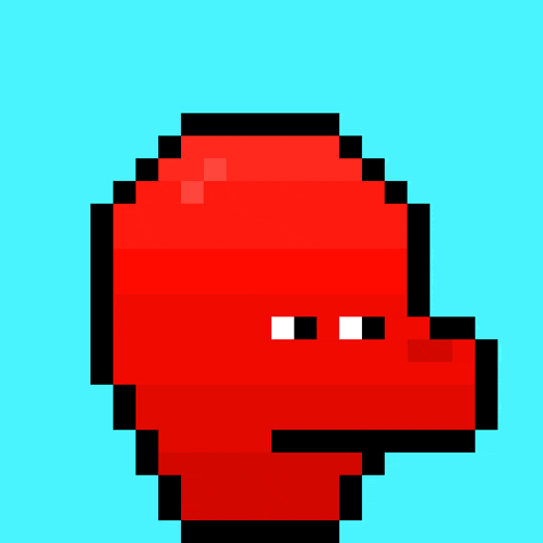 a pixel art drawing of a red object with a blue eye