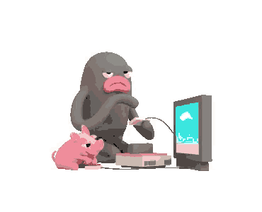 a cartoon character is playing a video game with a pig sitting next to him