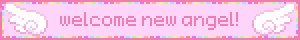 a pink banner with the words welcome new angel on it