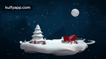 a christmas scene with a sleigh carrying santa claus and a christmas tree