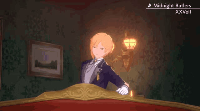 a man in a tuxedo is standing on a bed with the song midnight butlers xxveil in the background