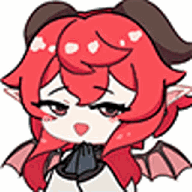 a cartoon girl with red hair and horns is wearing wings and a bow tie .