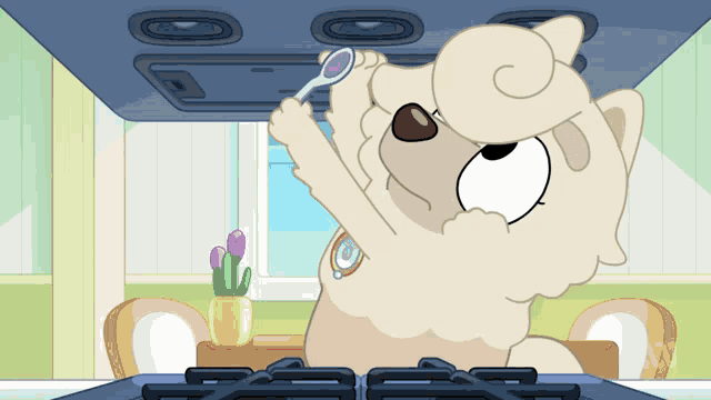 a cartoon dog is holding a spoon in its mouth